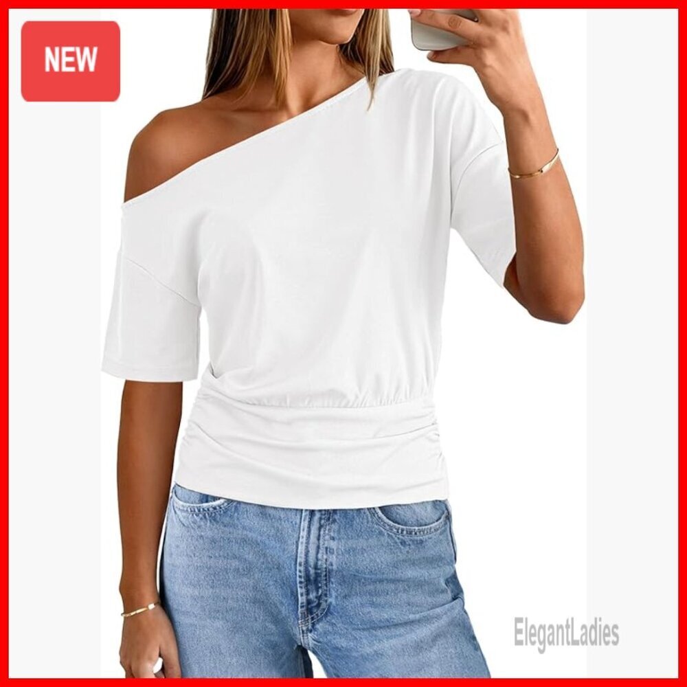 Off Shoulder Short Sleeve T-Shirt Loose Fit Cotton Blend Casual Summer Top
